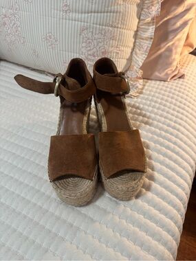 Marc Fisher Brown Suede Espadrille Platform Sandals with Ankle Buckle